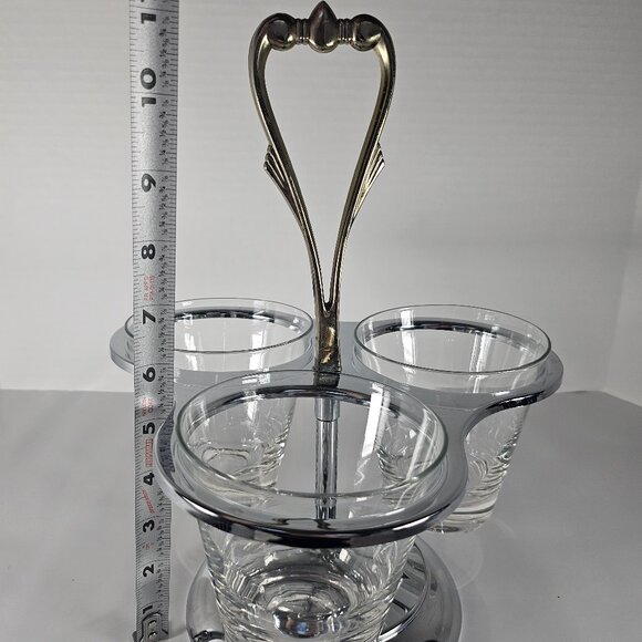 Vintage MCM, Kromex, Triple Condiment Caddy, Lazy Susan Chrome Glass Brass - Picture 8 of 11